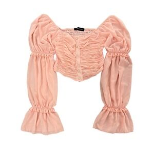 Parisian Italy Peach Ruched Sheer Ruffle Sleeve Cropped Top Bardot Button Size M